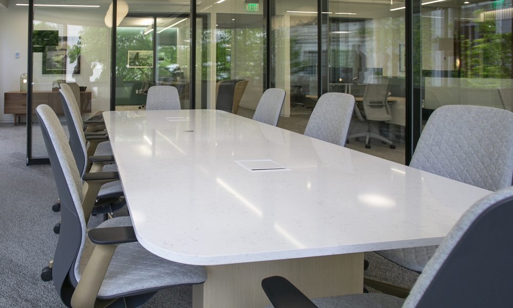 Preview of Flow | Conference Table | Quartz Top | Euro Birch Linea Veneer Rectangle Base | WaFd Bank | Open Square