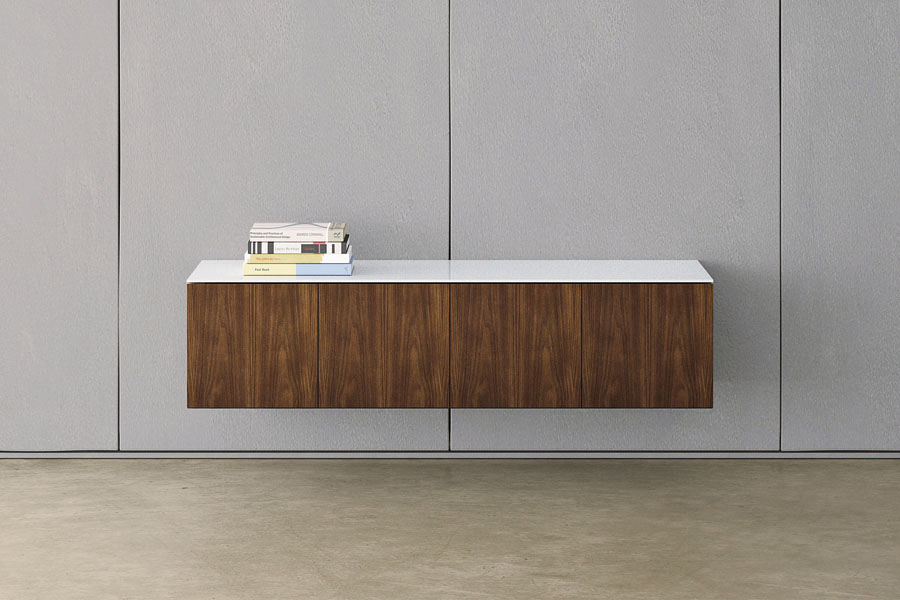 Preview of Flow | Credenza | Marron Walnut Veneer | White Gloss Glass Top | Wall Hung