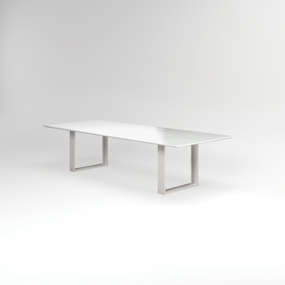 Preview of Flow | Conference Table | Rectangle White Glass Top | Polished Chrome Hoop Base 84” x 48” Size