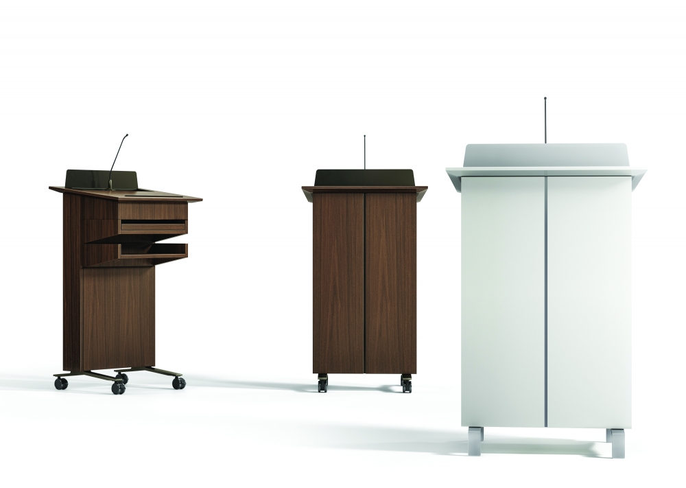 Preview of High Tech Lectern | Column | M35 Marron Walnut Veneer and Cloud Paint | Front and Side Views