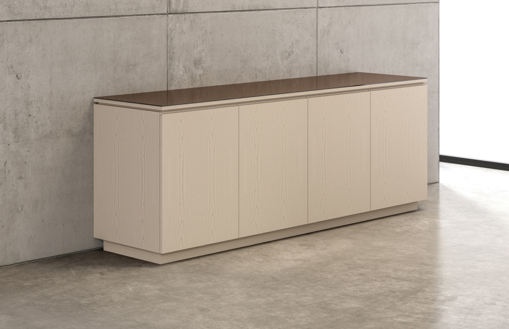 Preview of Performance Credenza | Utility Credenza | Custom Veneer | 96” Long | 4 Door with Integrated Pull