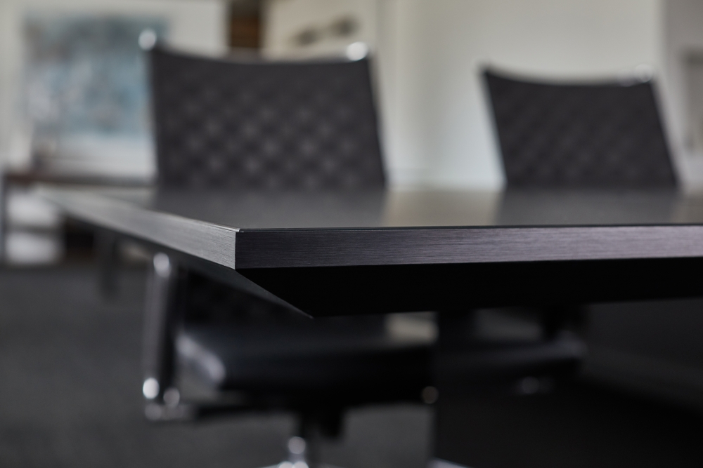Preview of Tavola | Conference Table | Custom | Black Satin Glass Top | Black Anodized Metal | Detail