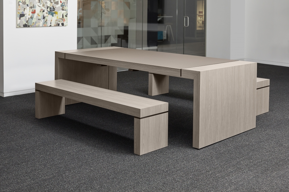 Preview of Tesano | Community Table | Custom | Weathered Ash Laminate | Seated Height Table | Chicago Showroom
