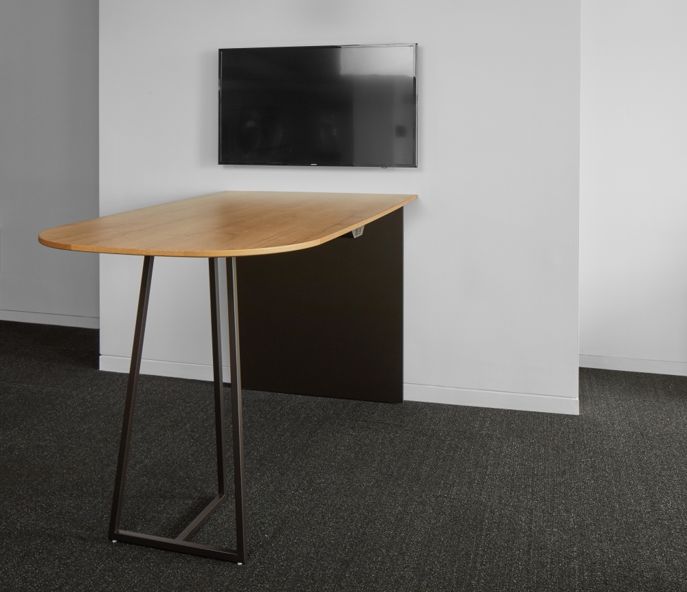 Preview of Two4Six | Media Table | Custom D-Shaped 72X42 Planked Urban on Oak Veneer | Aged Bronze Base