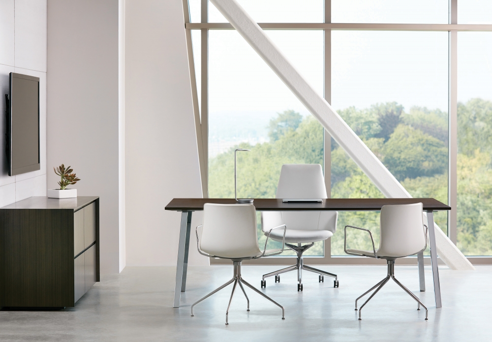 Preview of Two4Six | Meeting Table | Veneer Top | Polished Chrome Post Legs | 3 Chairs
