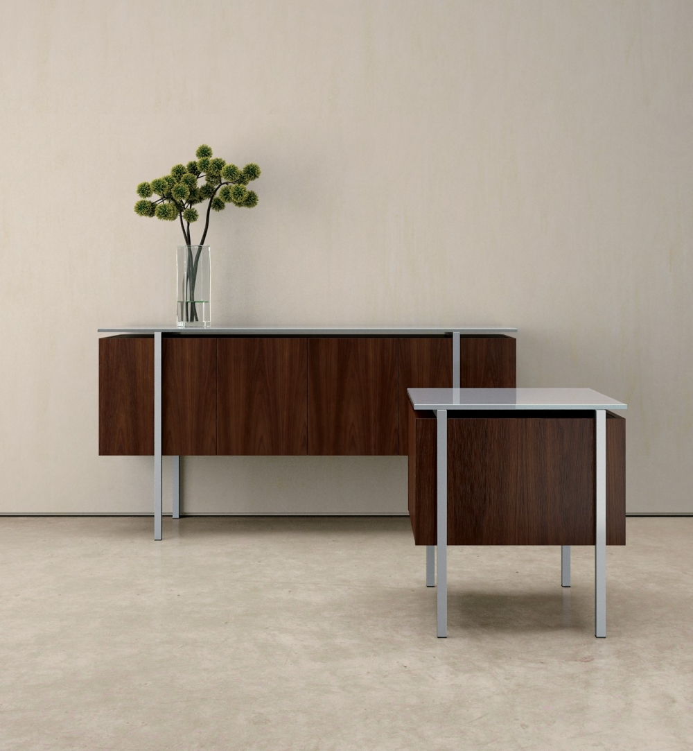 Preview of Stratum | Console and Square End Table | M26 Walnut Veneer Finish | Foil Powdercoat Base | Glass Top