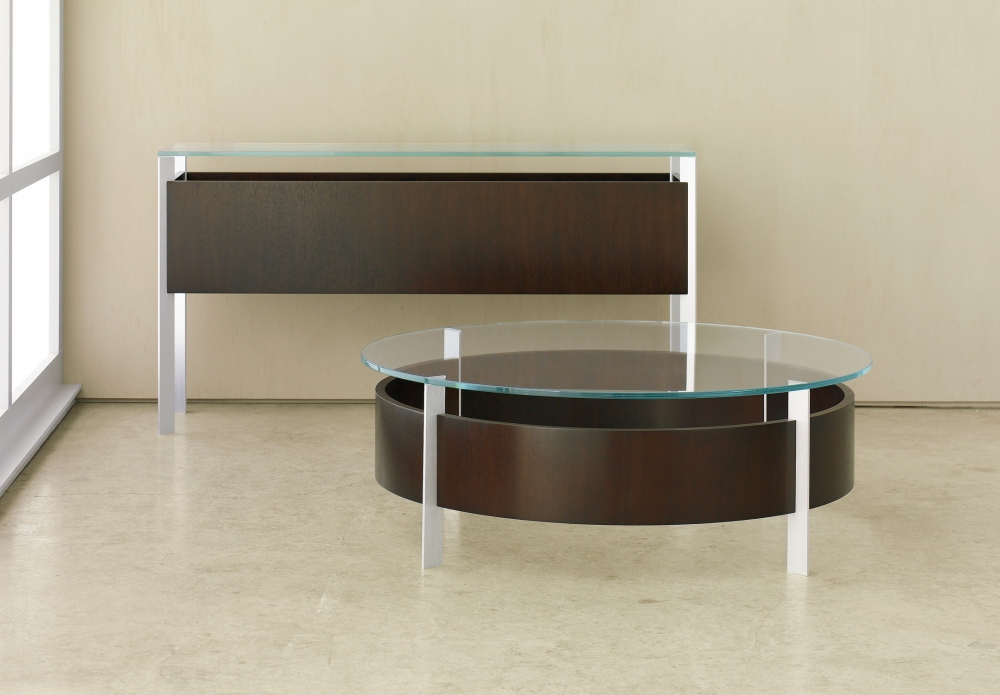 Preview of View | Coffee Table and Console | G99 Cordovan Cherry | Clear Anodized Metal Base 