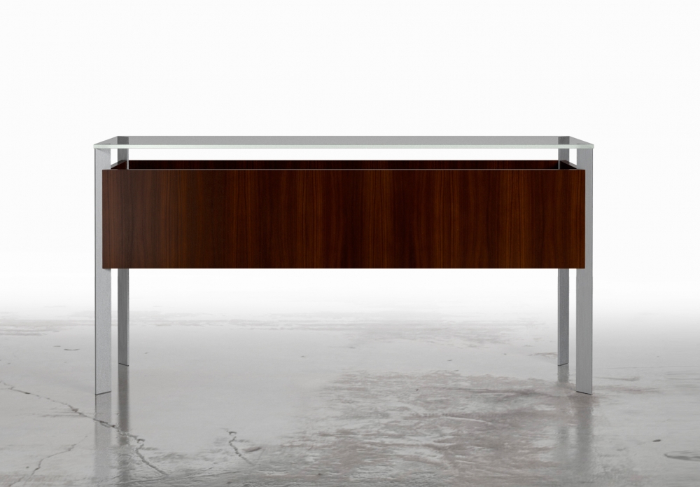 Preview of View | Rectangle Console | Glass Top | G99 Cordovan Cherry Veneer | Clear Anodized Metal Base