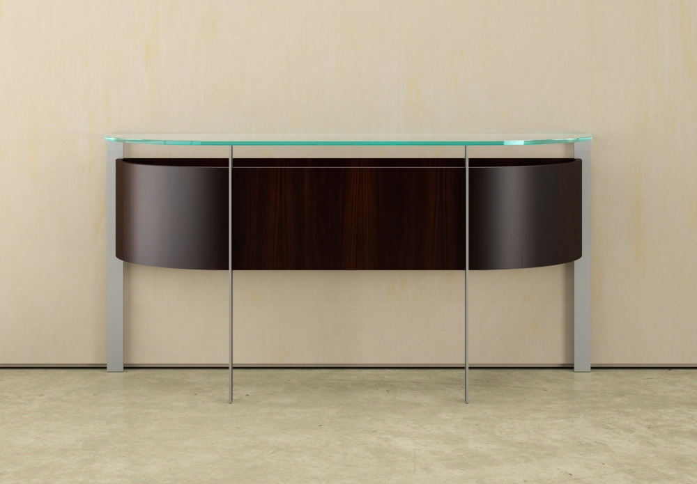 Preview of View | Demilune Console | Glass Top | G99 Cordovan Cherry Veneer | Clear Anodized Metal Base