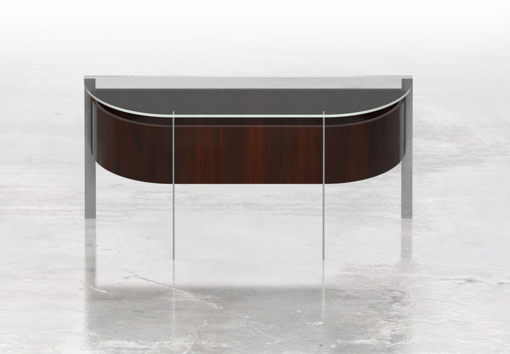 Preview of View | Demilune | Glass Top | G99 Cordovan Cherry Veneer | Clear Anodized Metal Base