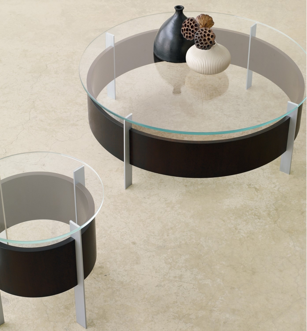 Preview of View | Coffee Table and End Table | Glass Top | G99 Cordovan Cherry Veneer | Foil Powdercoat Base | Round Tops