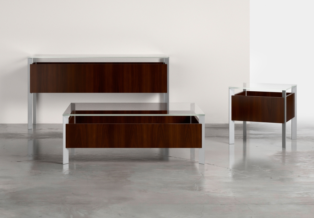 Preview of View | Occasional Table | Glass Top | M26 Walnut Veneer | Foil Powdercoat Base | Coffee Table, End Table and Console 