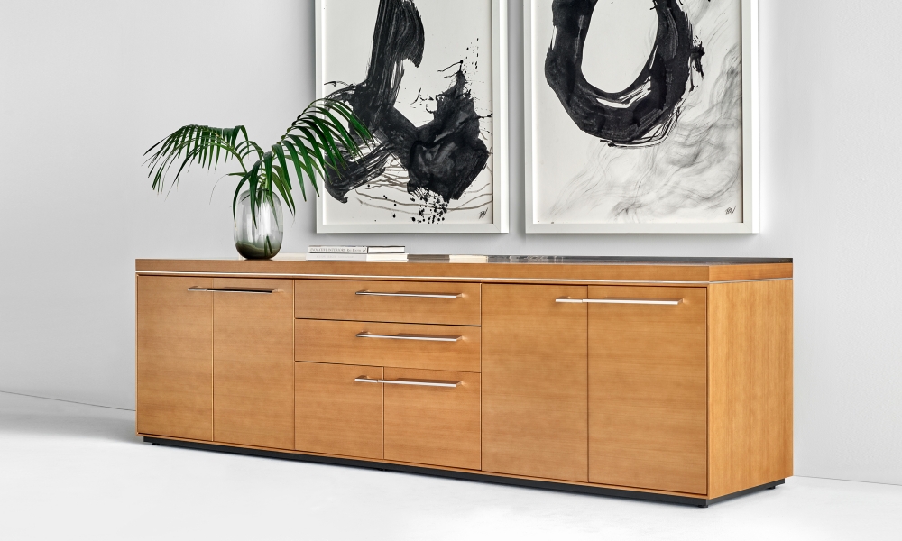Preview of Ascari Credenza | Conference Height | Custom Veneer | Polished Chrome Metal Accents | Angled View