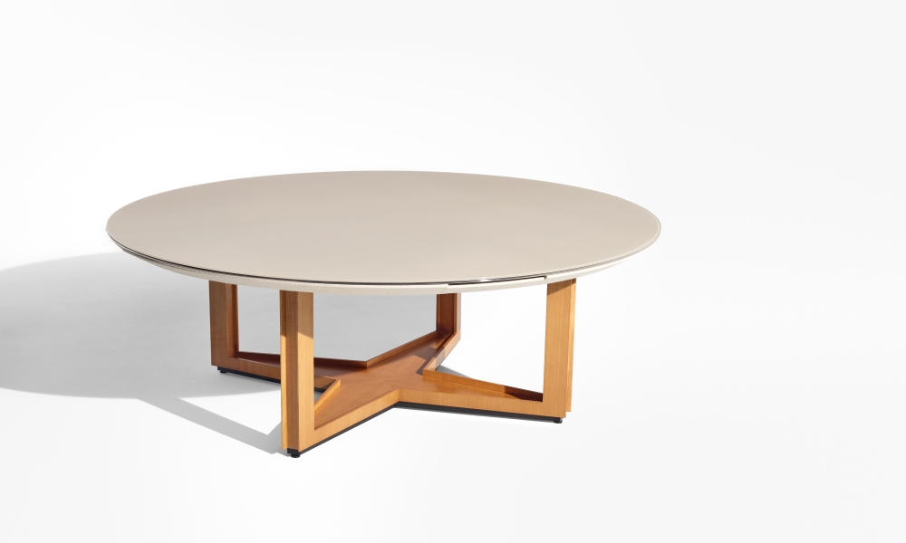 Preview of Ascari Conference | Quill Glass Round Table | Open X Base in custom veneer 