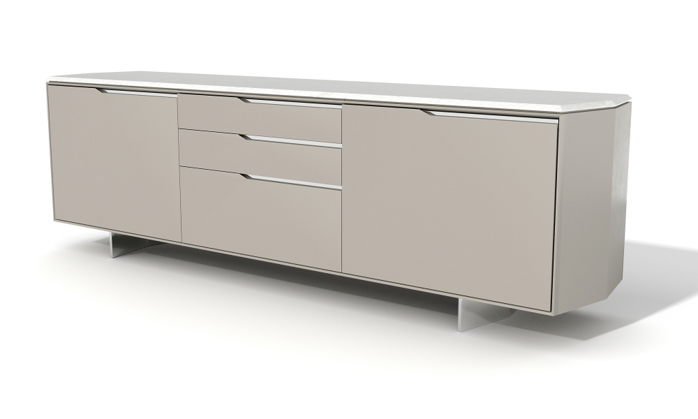 Preview of Ascari Credenza  | Conference Height | Moonlight Painted Case | Carrara Marble Top | Metal Base | Angled View