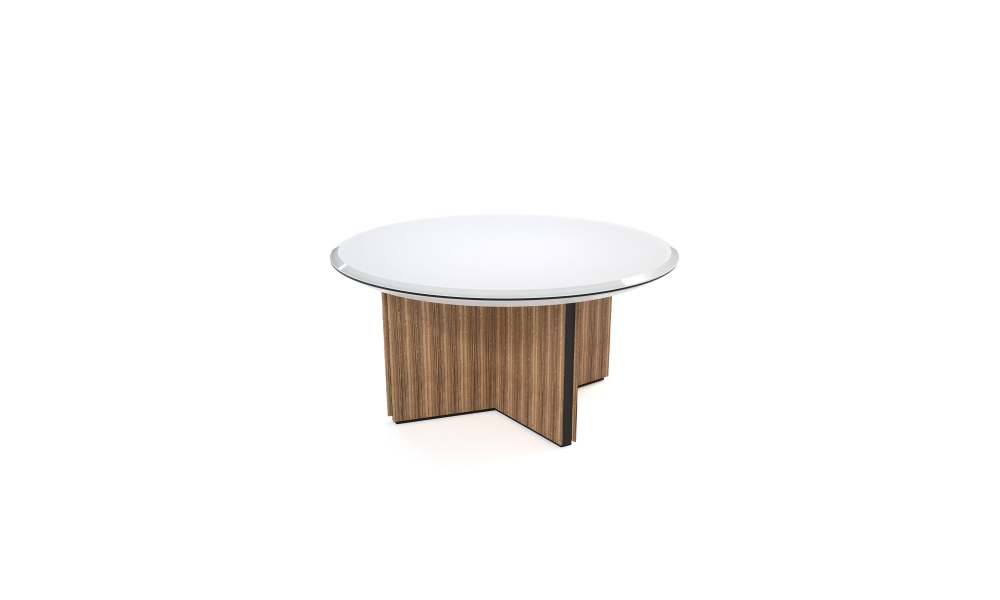 Preview of Ascari Conference | Round White Glass Top | Closed X Base in Canyon Veneer | Black Powder Coat Base Reveal