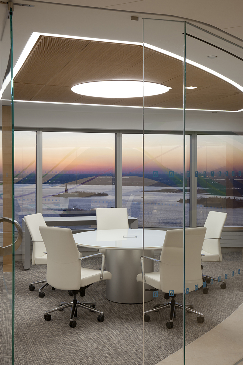 Preview of Flow | Meeting Table | Round White Glass Top | Foil Paint Cylinder Base | Power Matrix | Fidessa | © Peter Mauss/Esto, Huntsman Architectural Group