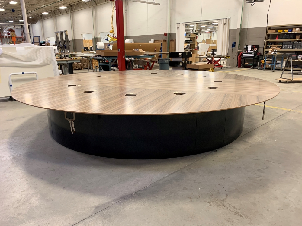 Preview of Custom Conference Table | 180” Round Shape Top | Canyon Paldao Veneer | Black Painted Cylinder Base