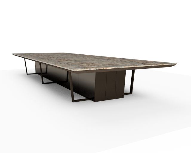 Crossbeam | Conference Table | Sienna Bordeaux Stone Top | Aged Bronze Base | Mirrored Acrylic Panels | 2 Spines - 240 x 84