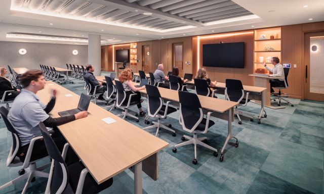 Custom Summit Lectern and MYNE Tables | CLA Connection Center |  Design: ICRAVE | Photography: Brandon Stengel 