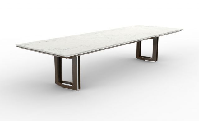 Ascari Conference | Conference Table | Carrara Marble Rectangle Top | Square Edge with Polished Chrome Detail | Veneer Open Panel Base with Polished Chrome Reveal 