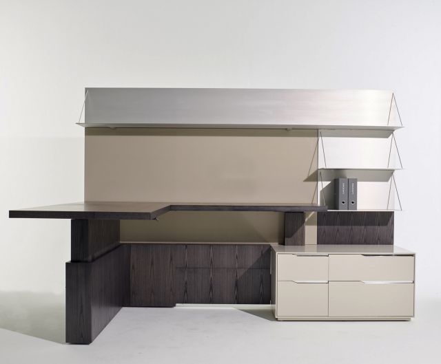 Ascari | L Shape Casegood | Char Ash Veneer | Quill Glass Back Panel | Clear Anodized Shelves | Burnished Painted Case