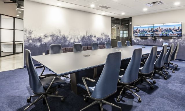 Crossbeam | Custom Conference Table | Custom Blue Glass Top | Parallel Design Group 