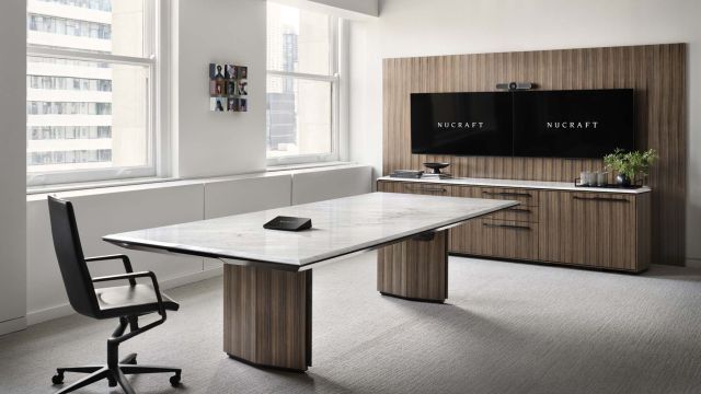 Ascari | Conference and Credenza | Carrara Marble Top | Canyon Paldao Closed Panel Base | Beveled Credenza | 2025 Chicago Showroom