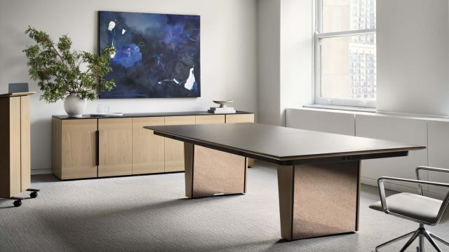 Flow | Conference Table | Glass Top | Veneer and Acrylic Tapered Base | Low Profile Perimeter Power | 2025 Chicago Showroom