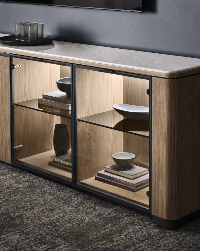 Compatta | Compact Credenza | Carrara Marble Top | Glass Doors | Artisan Veneer Case | 2025 Chicago Showroom 