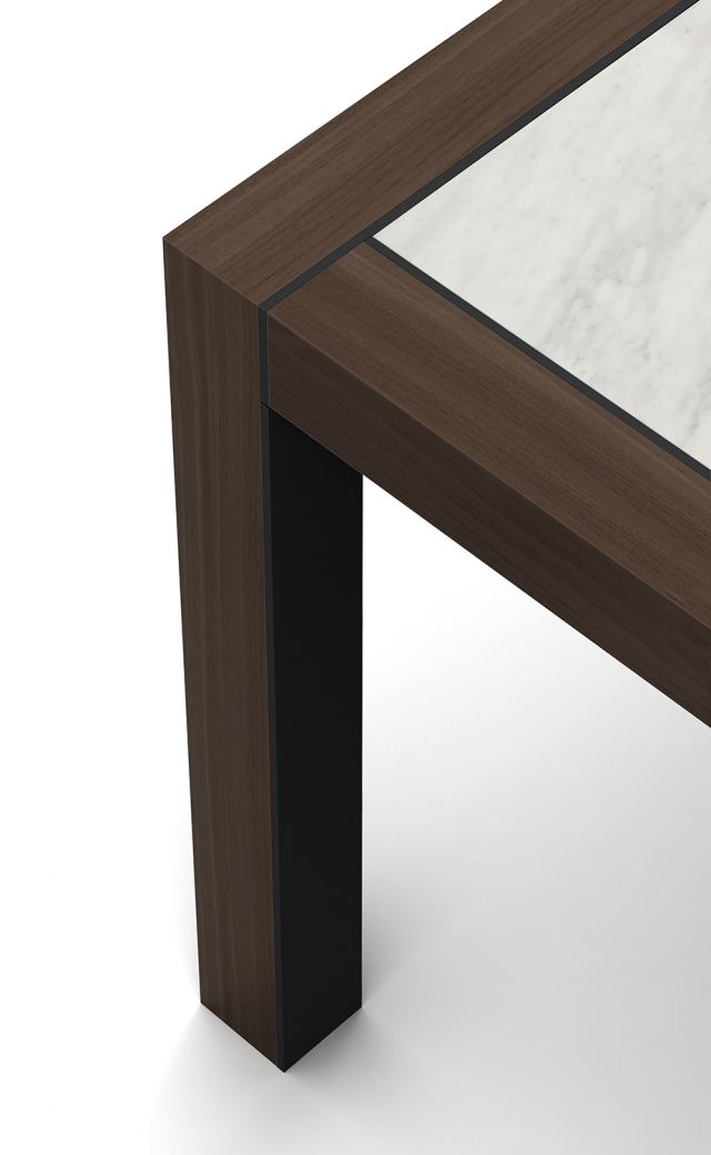 Epono | Edge Detail | Carrara Marble Top | A44 Black Powdercoat Metal Accent | Zinc Walnut Veneer