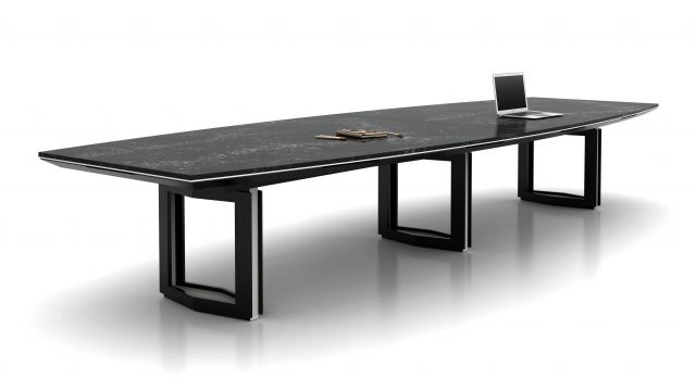 Ascari | Conference Table | Boat Shape Granite Top | Black Powder Coat Open Panel Base | Stainless Steel Chemetal Base Reveal