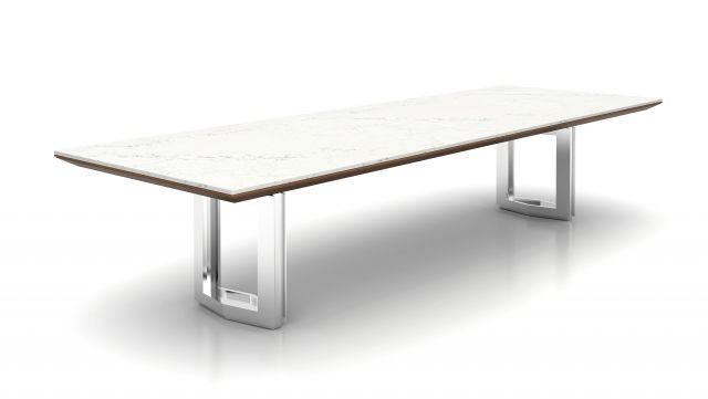 Ascari Conference | Custom Conference Table | Carrara Marble Rectangle Top | Square Edge with veneer subtop | Polished Chrome Open Panel Base with Polished Chrome Reveal 