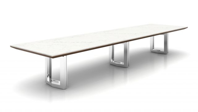 Ascari Conference | Custom Conference Table | Carrara Marble Rectangle Top | Square Edge with veneer subtop | (3) Polished Chrome Open Panel Base with Polished Chrome Reveal 