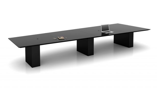 Flow | Conference Table | BS Black Satin Glass Sightline Top | Black Painted Rectangle Bases | Power Drawers | 48” / 72” W x 204” L