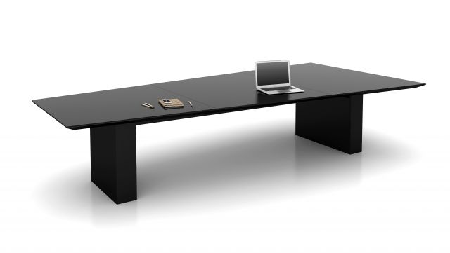 Flow | Conference Table | BS Black Satin Glass Sightline Top | Black Painted Rectangle Bases | Power Drawers | 42” / 70” W x 144” L