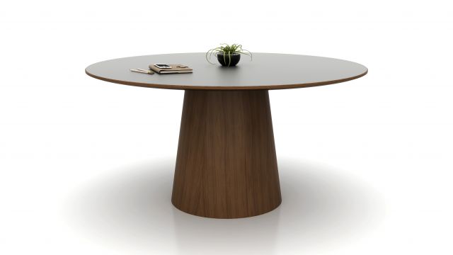 Flow | Meeting Table | Round Formica Graphite Top | Otter Walnut Cone Base 