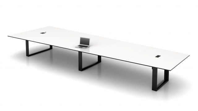 Flow | Conference Table | 228” White Glass Slightline Top | Black Hoop Base