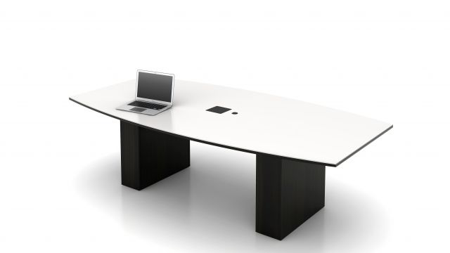 Flow | Conference Table | 96” Boat Shape White Glass Top | Onyx Veneer Rectangle Base 