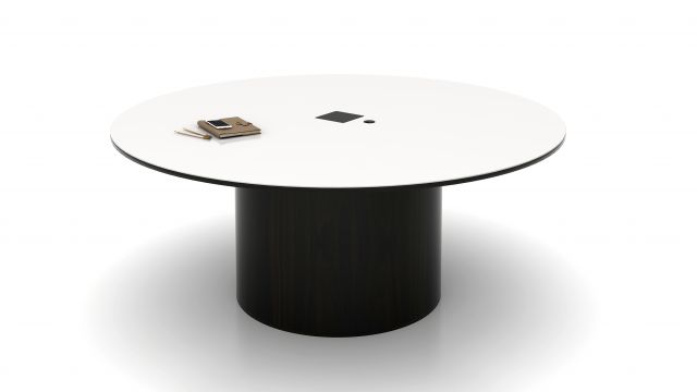 Flow | Meeting Table | 72” Round Glass Top | Onyx Veneer Cylinder Base