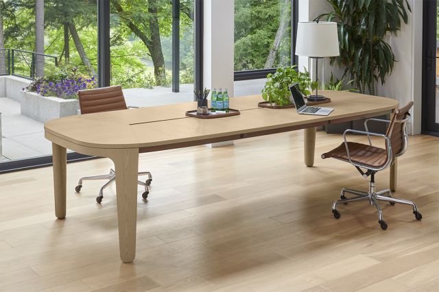 Alev Meeting | Conference Table | Segmented Top | Dune Veneer | Satin Bronze Metal Side Accent | Community Space | 2