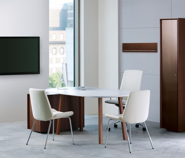 Two4Six | Meeting Table | Soft Rectangle Laminate Top | G25 Natural Walnut Veneer Post Legs | Credenza Base