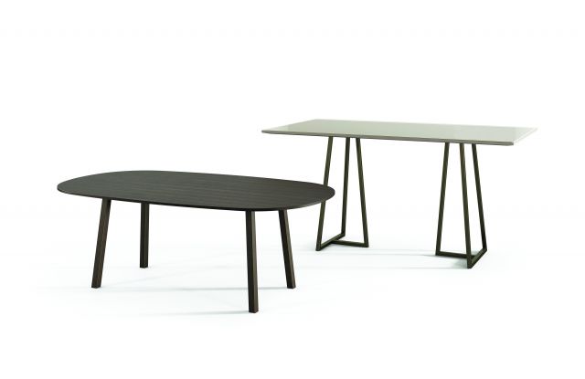 Two4Six | Meeting Table | Soft Rectangle Seated Height Wood Post Legs | Rectangle Standing Height Open Frame Base