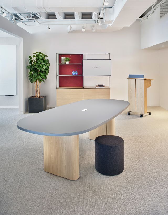 Two4Six | Meeting Table | Soft Rectangle Top in Custom Verde Comodoro Fenix | Aged Ash Laminate Racetrack Base | 84 x 48 | Chicago Showroom