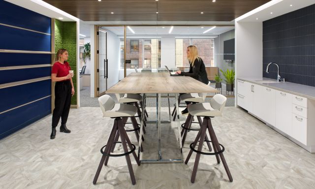 Two4Six | Standing Height Table | White Knotty Maple Laminate Top | Polished Chrome Open Frame Base