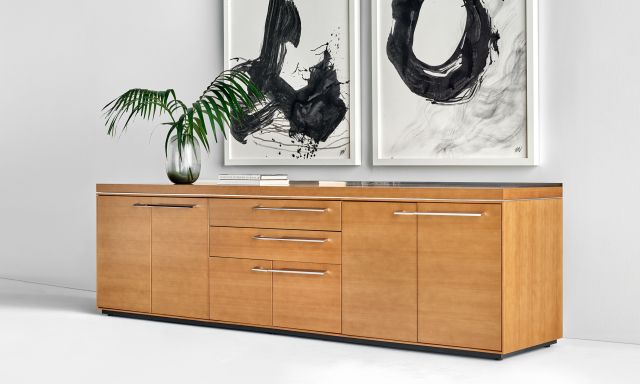 Ascari Credenza | Conference Height | Custom Veneer | Polished Chrome Metal Accents | Angled View