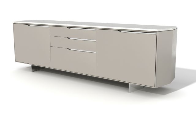 Ascari Credenza  | Conference Height | Moonlight Painted Case | Carrara Marble Top | Metal Base | Angled View