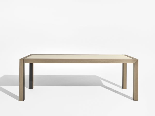 Epono | Community Table | Silver Birch Linea | Linoleum Top | Storm Powdercoat Metal Accents | Standing Height | Side View